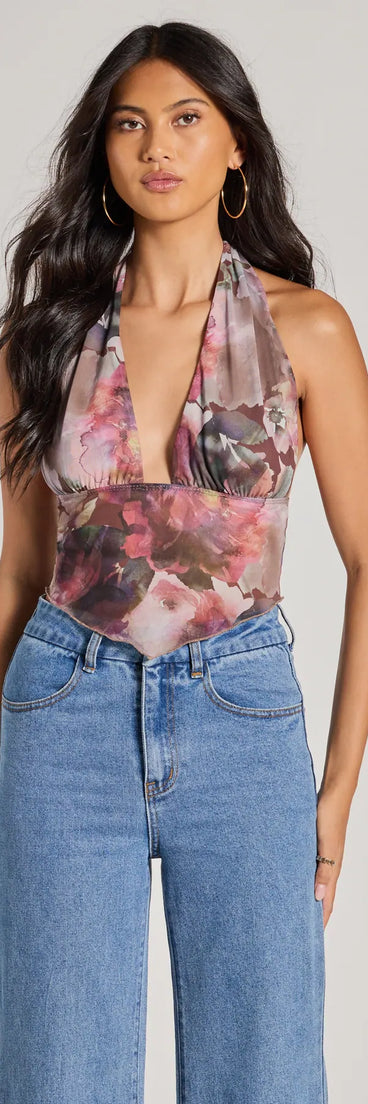 The Sultry Impact Halter Abstract Floral Crop Top in multi-color with a modern design and trendy look is part of the latest women's tops collection to elevate your 2025 wardrobe.