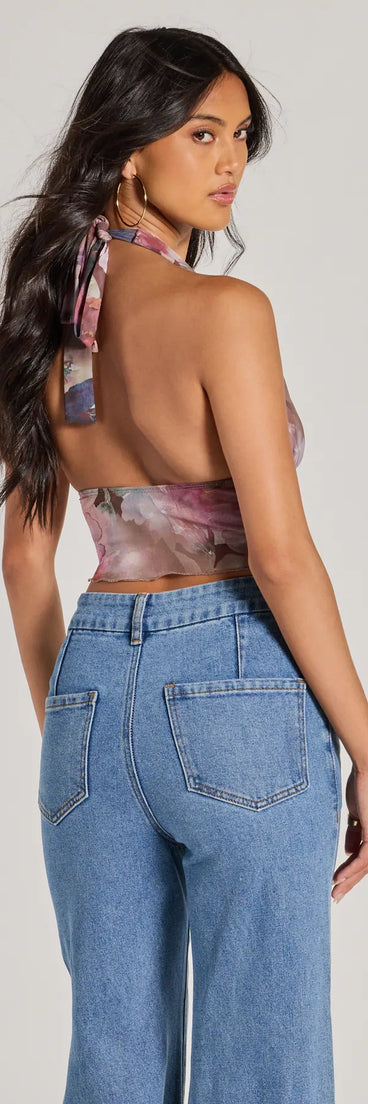 The Sultry Impact Halter Abstract Floral Crop Top in multi-color with a modern design and trendy look is part of the latest women's tops collection to elevate your 2025 wardrobe.