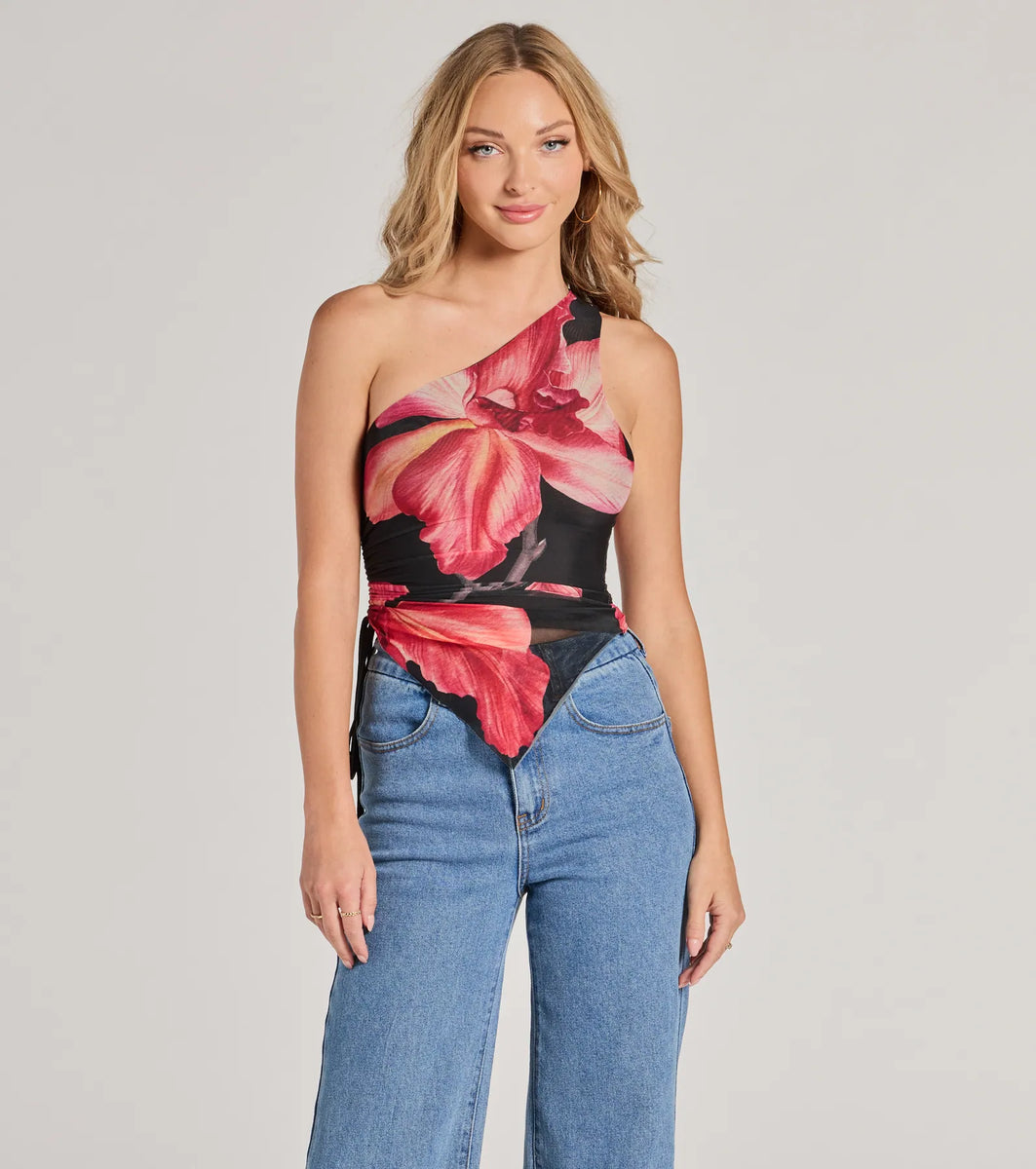 Pretty Bold One-Shoulder Floral Mesh Crop Top | Windsor Pretty Bold One-Shoulder Floral Mesh Crop Top | Windsor