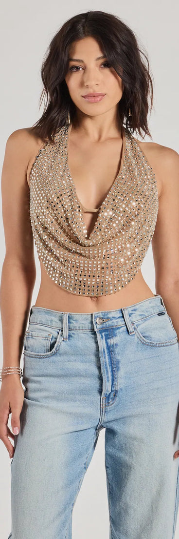 The Party Diva Cropped Rhinestone Halter Top in nude with a modern design and trendy look is part of the latest women's tops collection to elevate your 2025 wardrobe.