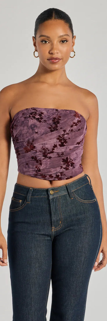 The Floral Passion Ruched Cropped Corset Top in plum with a modern design and trendy look is part of the latest women's tops collection to elevate your 2025 wardrobe.