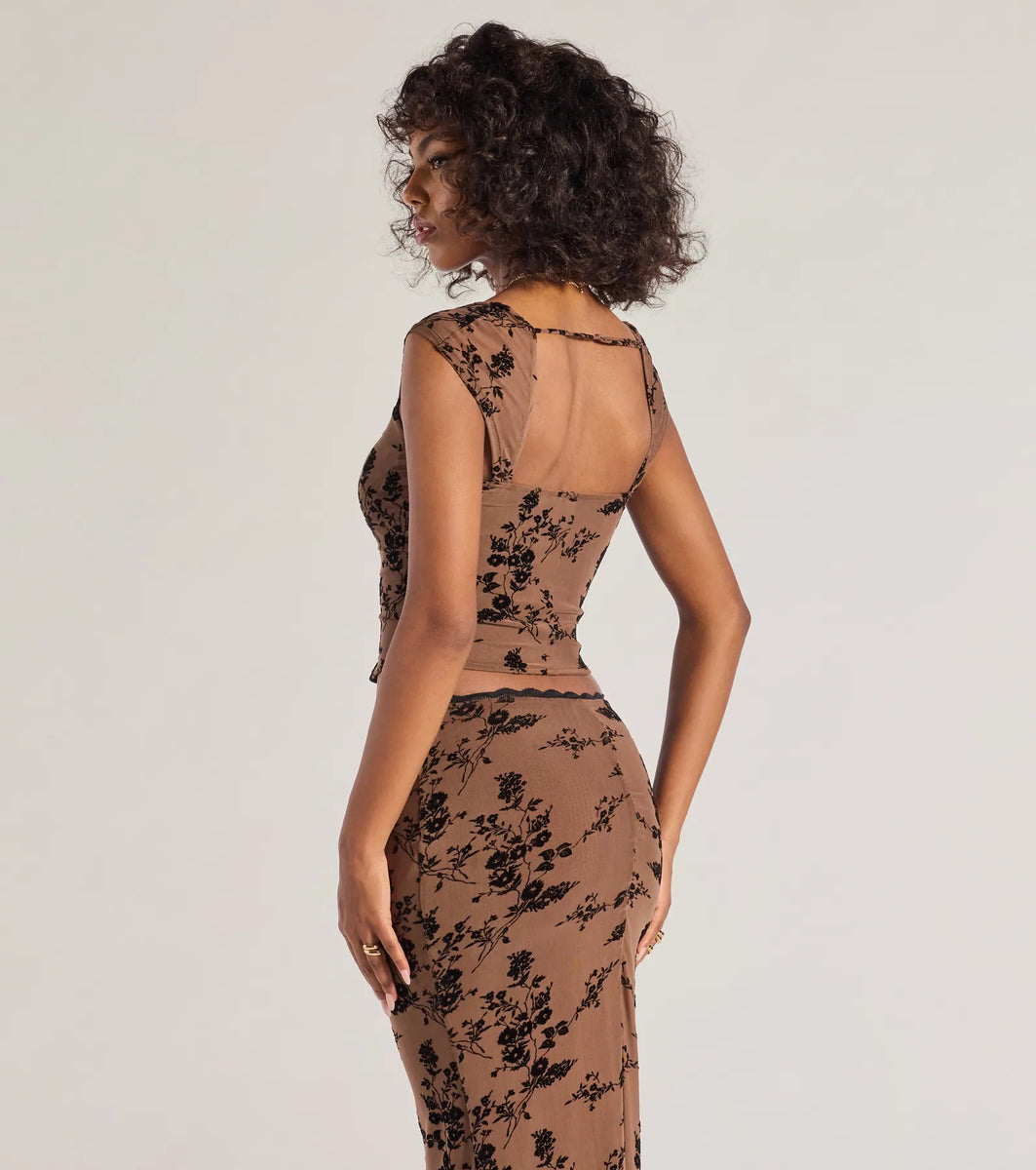 Romantic Aura Flocked Floral Mesh Bustier Top | Windsor