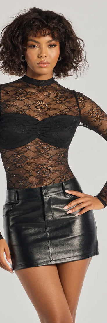 The Sultry Allure Rhinestone Lace Bodysuit in black with a modern design and trendy look is part of the latest women's tops collection to elevate your 2025 wardrobe.