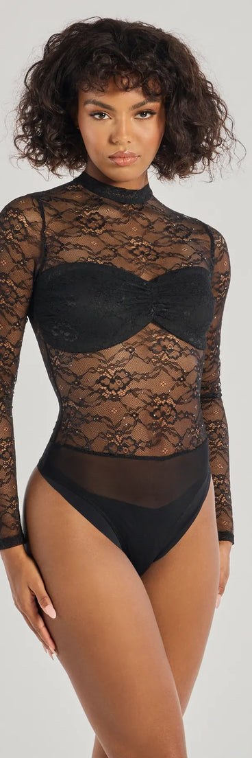 The Sultry Allure Rhinestone Lace Bodysuit in black with a modern design and trendy look is part of the latest women's tops collection to elevate your 2025 wardrobe.