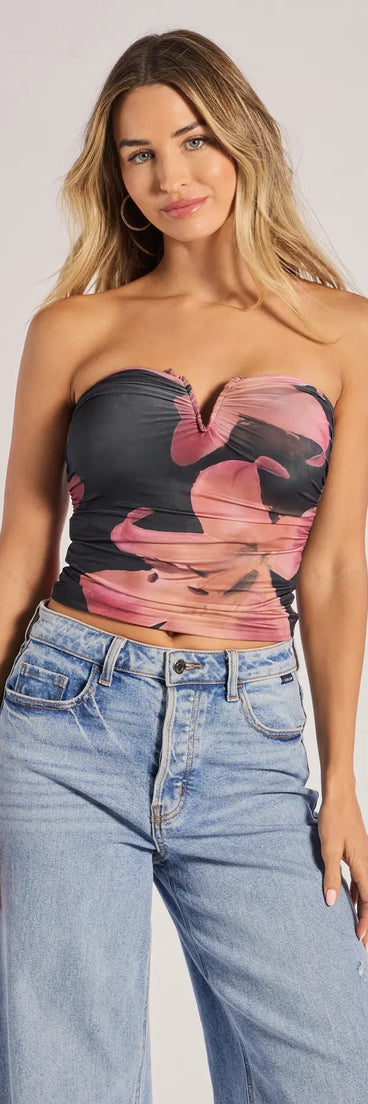 The Pretty Aura Floral Print Strapless Crop Top in multi-color with a modern design and trendy look is part of the latest women's tops collection to elevate your 2025 wardrobe.