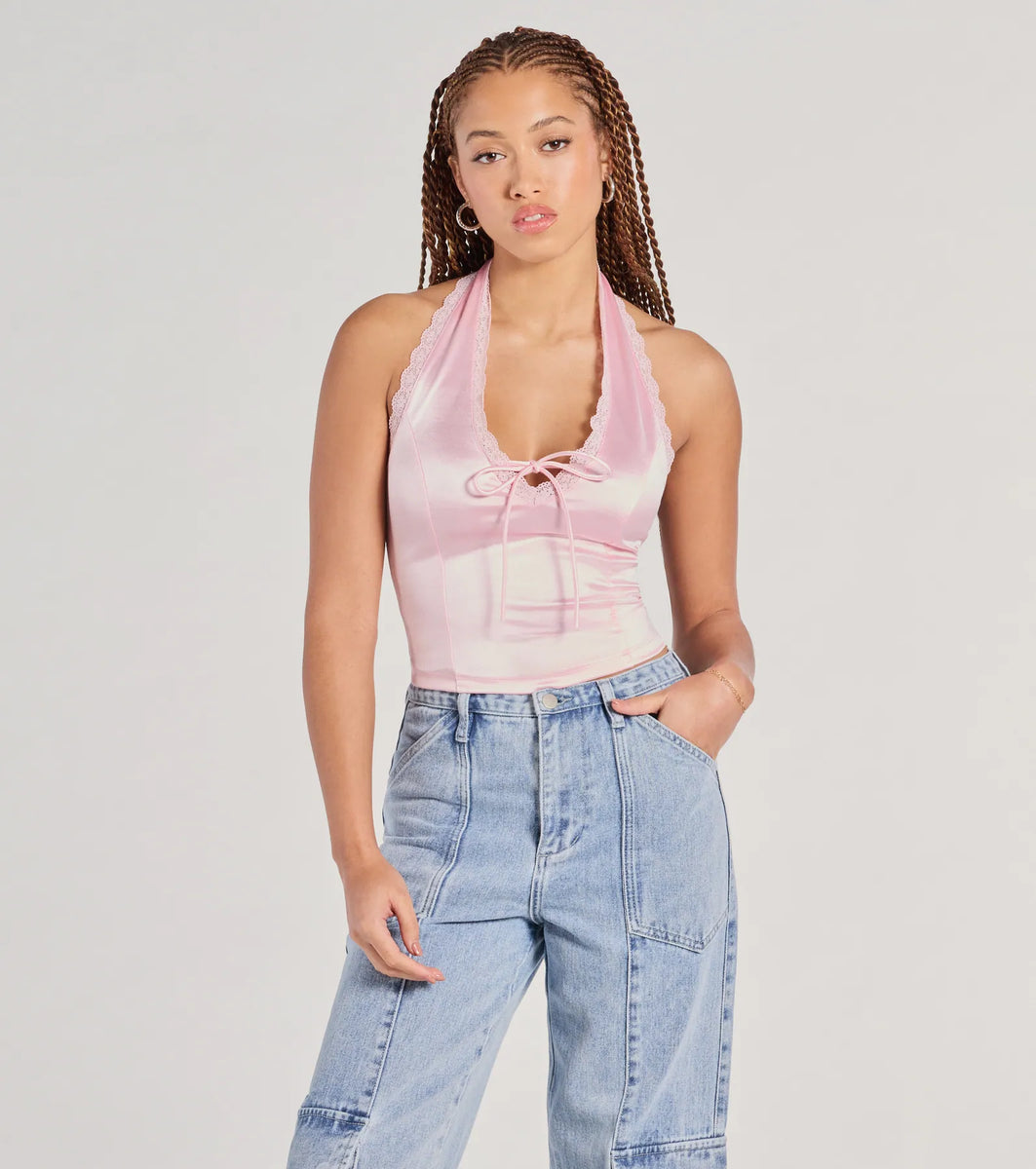 himemama 　0605 Lace Be Real Halter Satin Crop Top | Windsor
