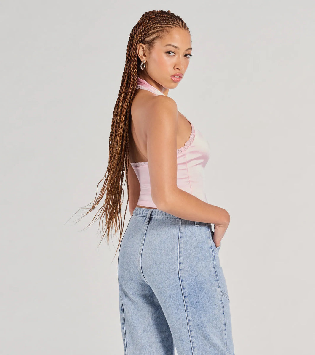 Lace Be Real Halter Satin Crop Top | Windsor
