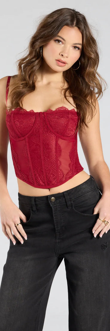 For college campus looks, game day outfits, or a bold going-out vibe, the Total Bombshell Lace Corset Top is an on-trend red crop top that easily styles with your favorite denim.
