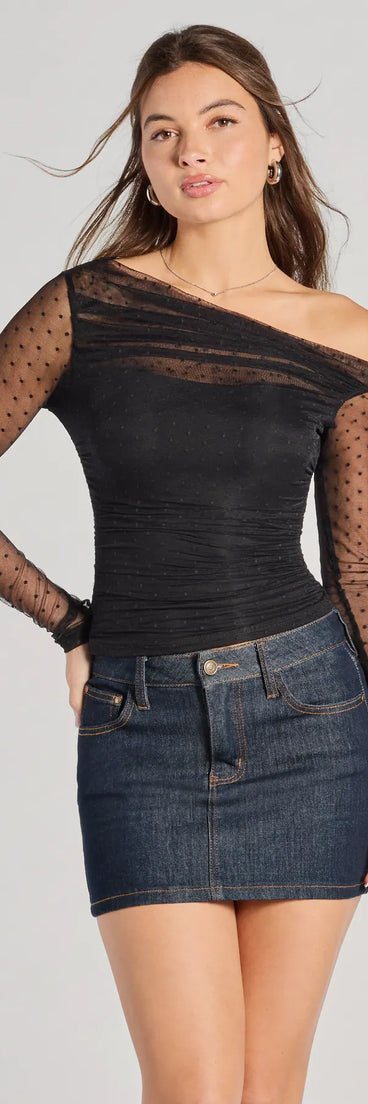 The Sweet Allure Polka Dot Sheer Mesh Long Sleeve Top in black with a modern design and trendy look is part of the latest women's tops collection to elevate your 2025 wardrobe.