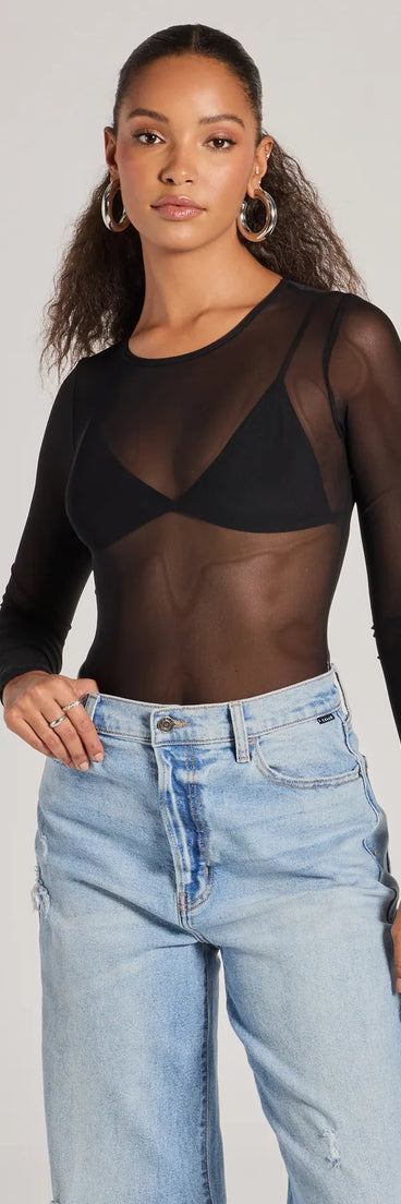 The Love's A Mesh Bodysuit in black with a modern design and trendy look is part of the latest women's tops collection to elevate your 2025 wardrobe.