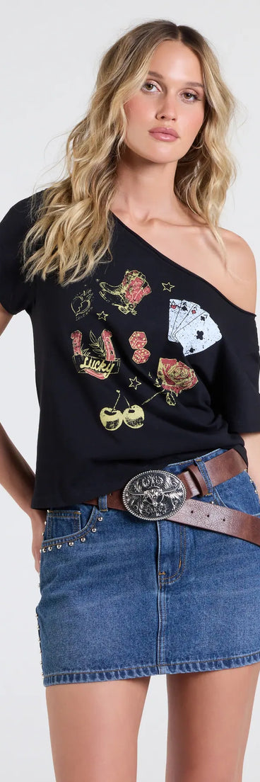 The Good Luck Charm Crop Graphic Tee in black brings edge and energy to your vibe, ready to elevate any festival look or concert outfit.