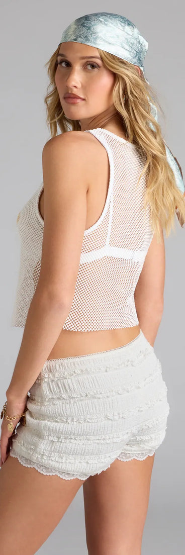 For college campus looks, game day outfits, or a bold going-out vibe, the Ibiza Graphic Fishnet Tank Top is an on-trend white crop top that easily styles with your favorite denim.