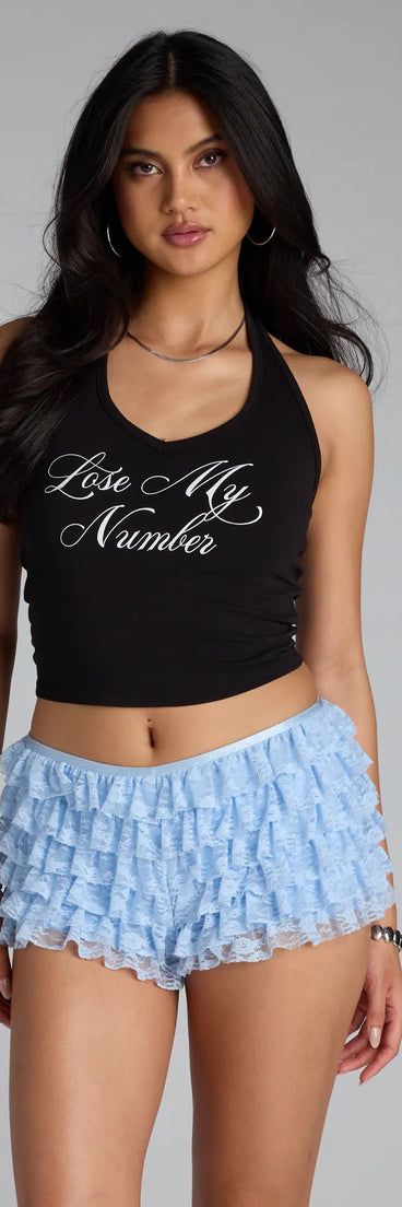 For college campus looks, game day outfits, or a bold going-out vibe, the Lose My Number Halter Graphic Top is an on-trend black crop top that easily styles with your favorite denim.