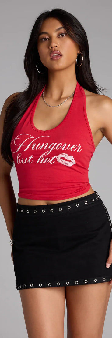 For college campus looks, game day outfits, or a bold going-out vibe, the Hungover But Hot Graphic Halter Top is an on-trend red crop top that easily styles with your favorite denim.