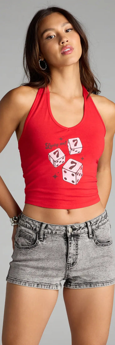 Complete your look with the Lucky Me Dice Graphic Halter Top, a trendy red top that’s ready to pair with anything in your fall rotation.