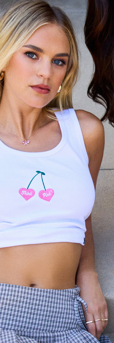 Complete your look with the Think Pink Cherry Scoop Neck Tank Top, a trendy top that’s ready to pair with anything in your fall rotation.