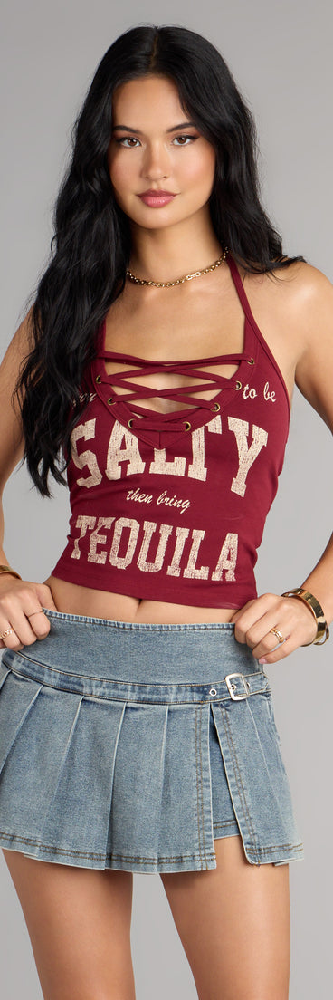 Complete your look with the Salt And Shots Lace-Up Graphic Halter Top, a trendy top that’s ready to pair with anything in your fall rotation.
