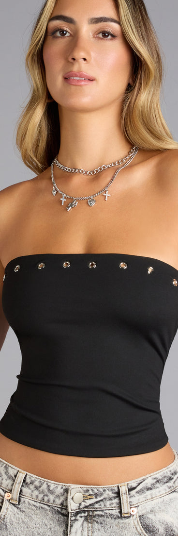 Trendy women’s tops, like the Edge Appeal Studded Tube Top, bring effortless style for fall layering, lounging, or going out.