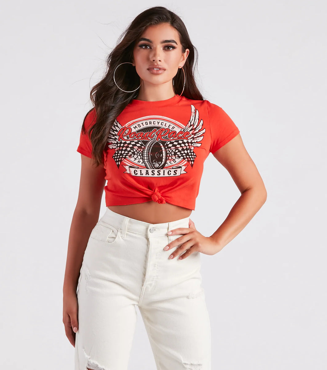 トップス takee7/11 Moto Babe Graphic Knot Tie Crop Tee | Windsor