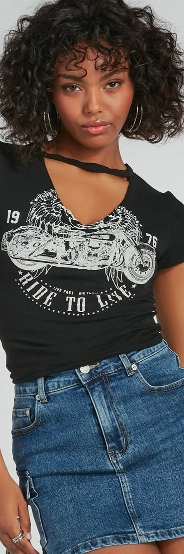 The Moto Babe Cutout Knit Graphic Tee in black with a modern design and trendy look is part of the latest women's tops collection to elevate your 2025 wardrobe.