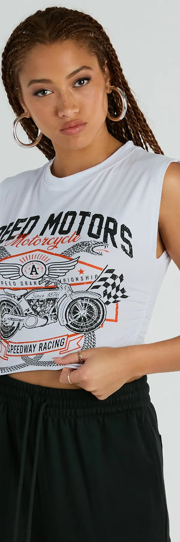 The Speed Motors Racing Muscle Graphic Tee in white with a modern design and trendy look is part of the latest women's tops collection to elevate your 2025 wardrobe.