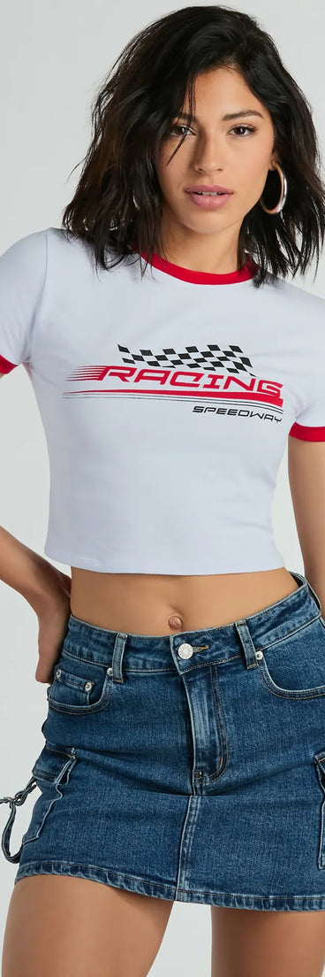 Upgrade your style game for 2025 with the Racing Speedway Ringer Graphic Tee in white, perfect for any fashion-forward wardrobe.