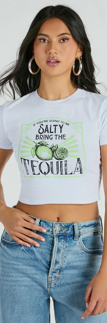 Bring The Tequila Short Sleeve Crop Graphic Tee, a trendy white addition to women's going-out outfits, is ideal for Christmas party outfits, chic NYE attire, or winter night-out looks that keep you on-trend!