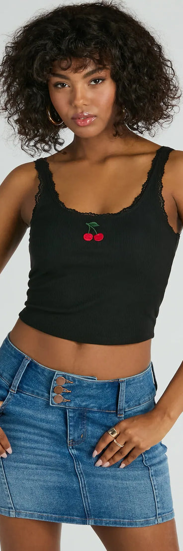 The crop top style of the Cherry Picking Lace Trim Tank Top adds a sultry detail to your going-out outfits or everyday looks.