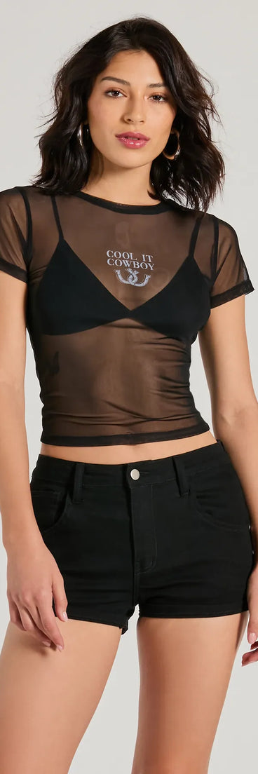 The Cool It Cowboy Sheer Mesh Graphic Top in black with a modern design and trendy look is part of the latest women's tops collection to elevate your 2025 wardrobe.