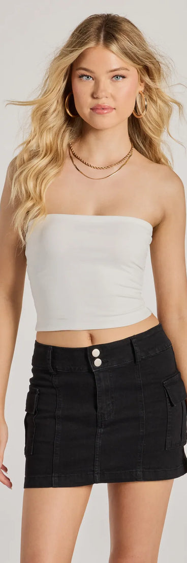 The Daytime Perfect Strapless Tube Crop Top in white with a modern design and trendy look is part of the latest women's tops collection to elevate your 2025 wardrobe.