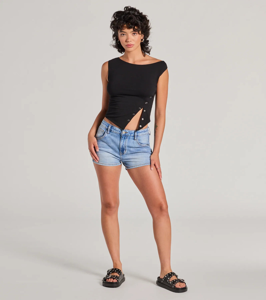 Minimal Aesthetic Off-Shoulder Button Crop Top | Windsor