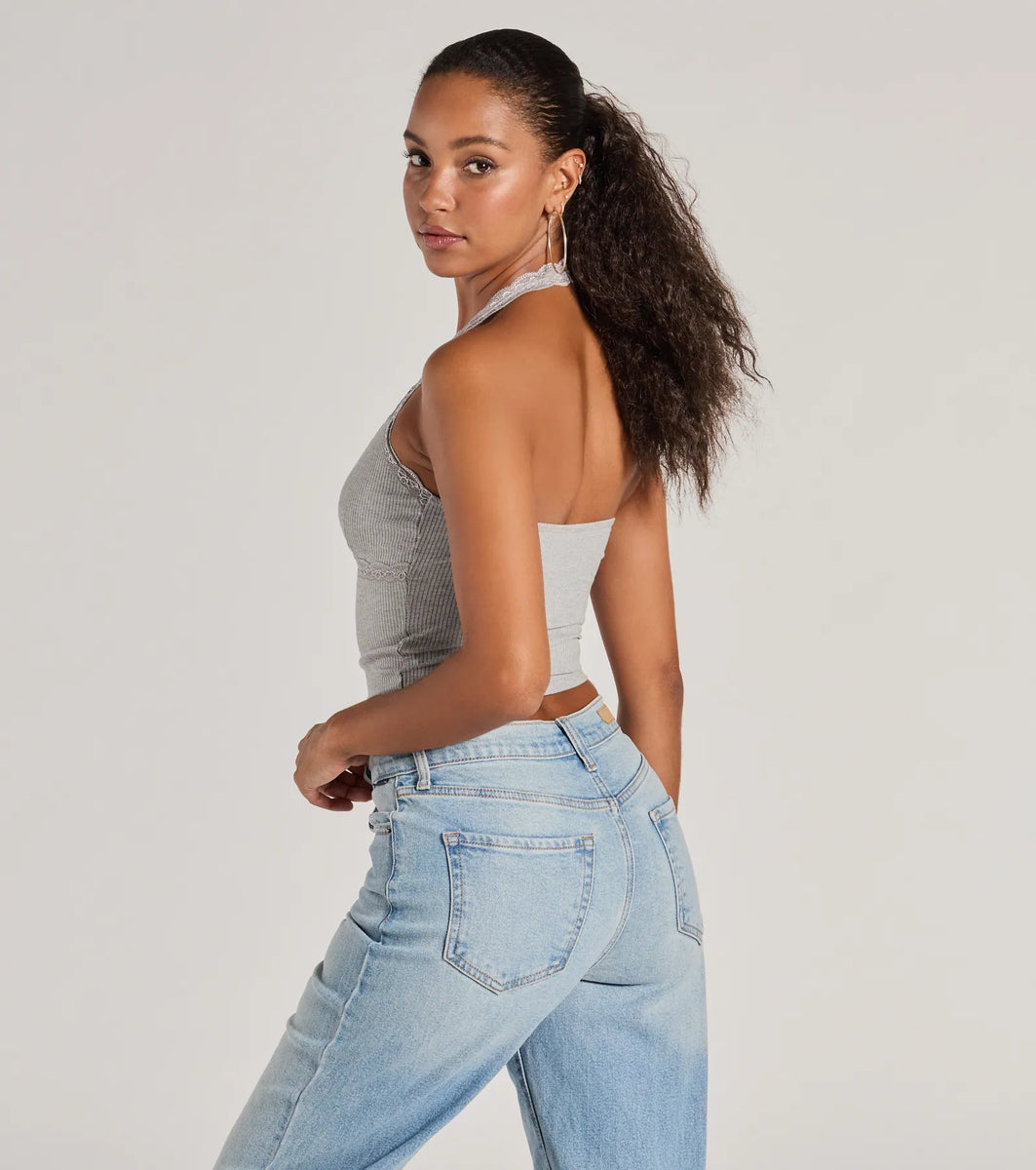 Adorably Trendy Lace Trim Knit Halter Top | Windsor