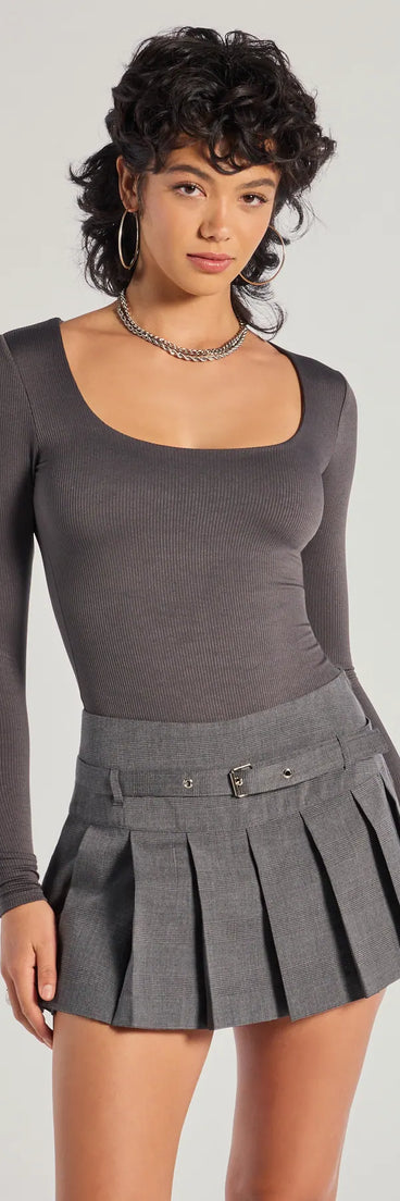 The Sleek Appeal Ribbed Knit Long Sleeve Bodysuit in charcoal with a modern design and trendy look is part of the latest women's tops collection to elevate your 2025 wardrobe.