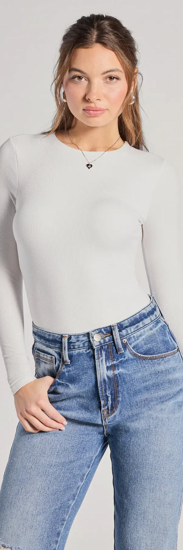 The Smooth Moves Long Sleeve Crew Neck Bodysuit in white with a modern design and trendy look is part of the latest women's tops collection to elevate your 2025 wardrobe.