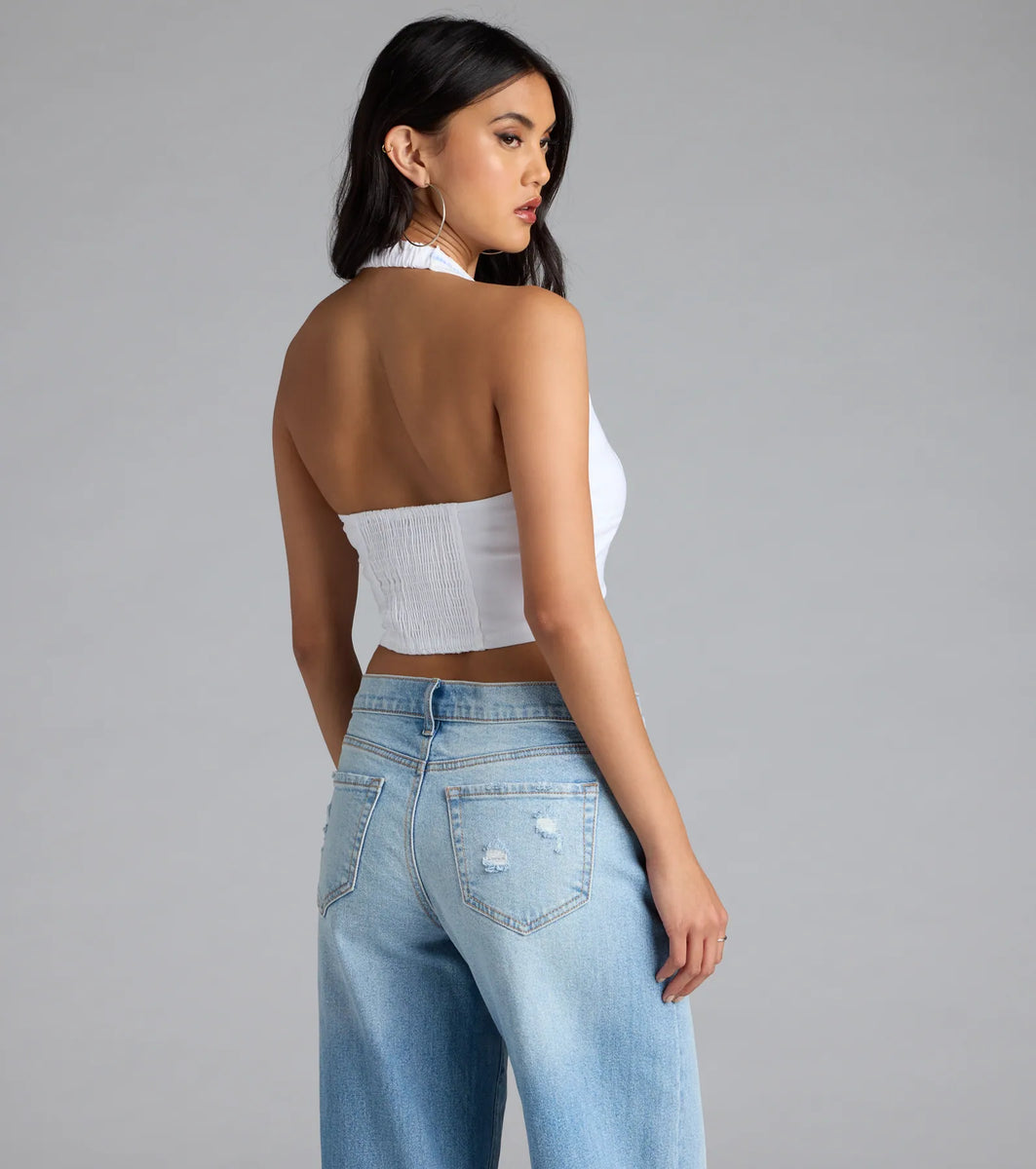 Undeniable Charm Gingham Ribbon Halter Crop Top | Windsor