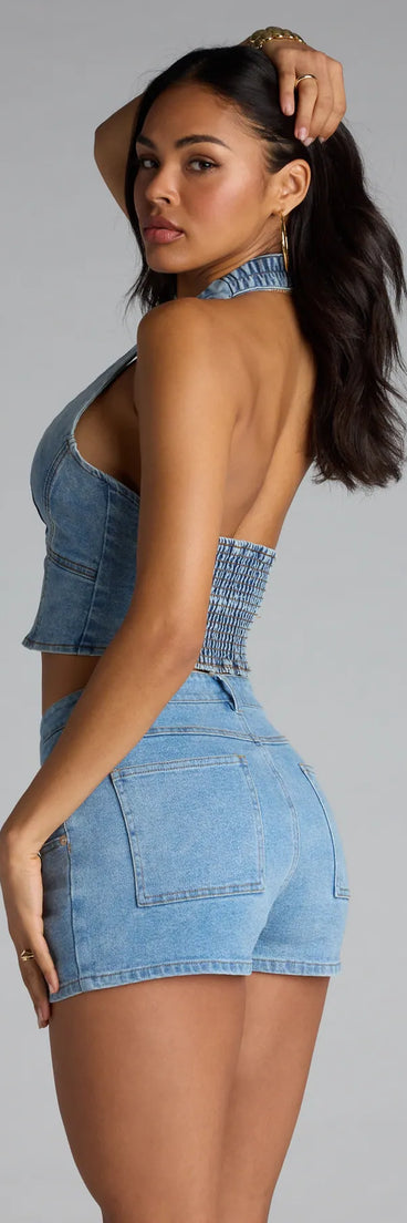 Trendy women’s tops, like the Serving Curves Denim Halter Corset Top, bring effortless style for fall layering, lounging, or going out.