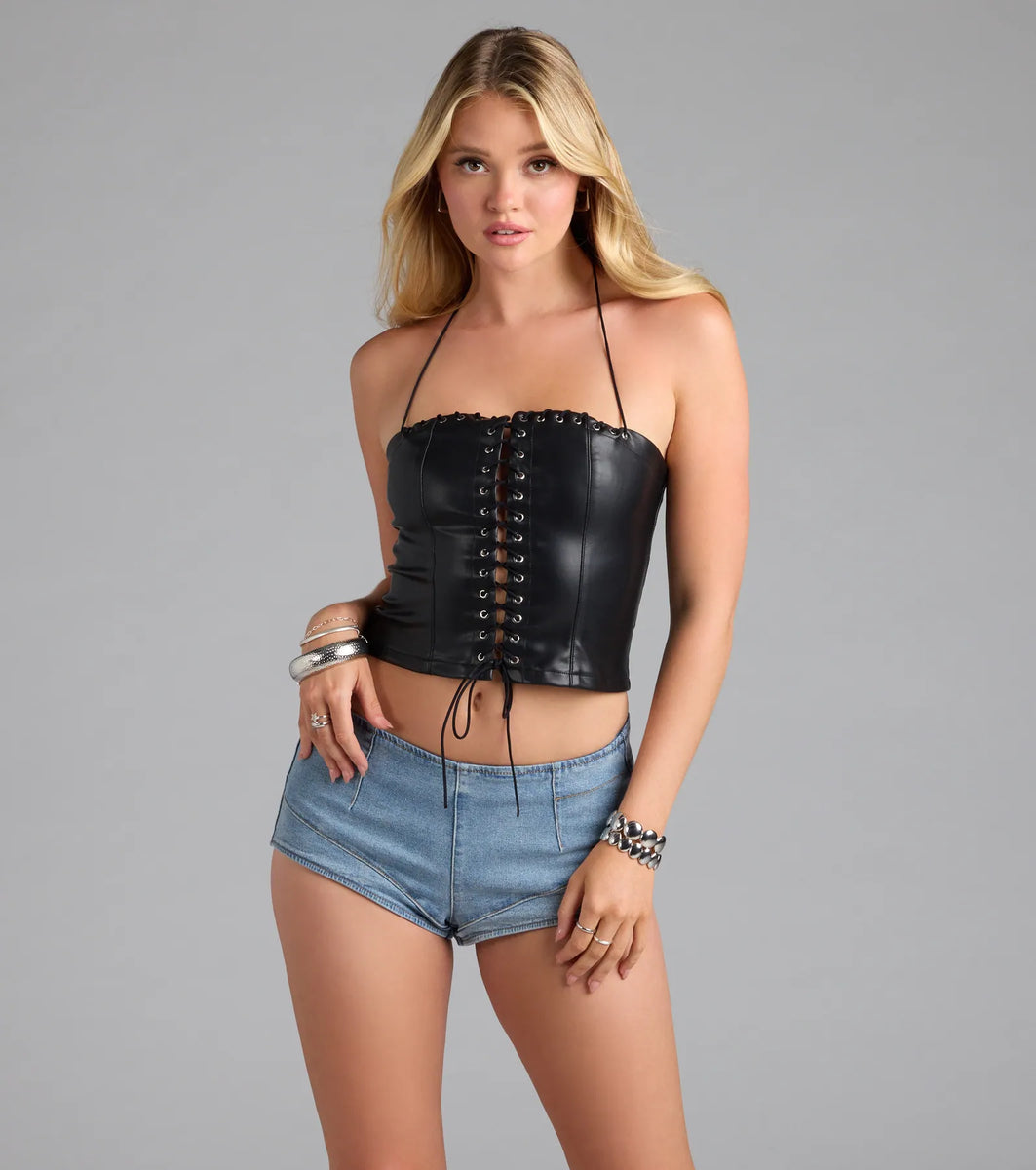 Edgy Demure Lace-Up Halter Crop Top | Windsor