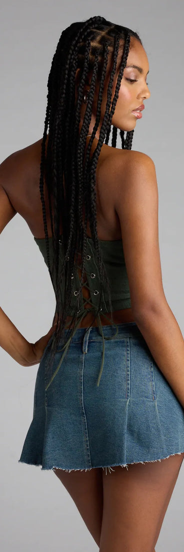 Complete your look with the Glam Heat Rhinestone Flame Denim Corset Top, a trendy olive green top that’s ready to pair with anything in your fall rotation.