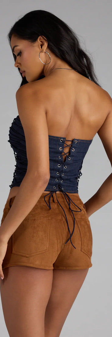 Complete your look with the Trendy Allure Denim Lace-Up Corset Top, a trendy dark denim wash top that’s ready to pair with anything in your fall rotation.