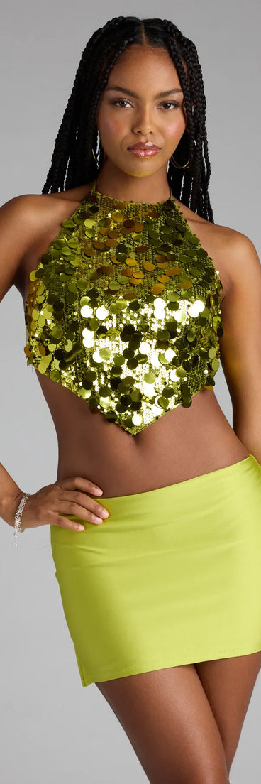 Trendy women’s tops, like the Prominent Shine Sequin Halter Crop Top, bring effortless style for fall layering, lounging, or going out.