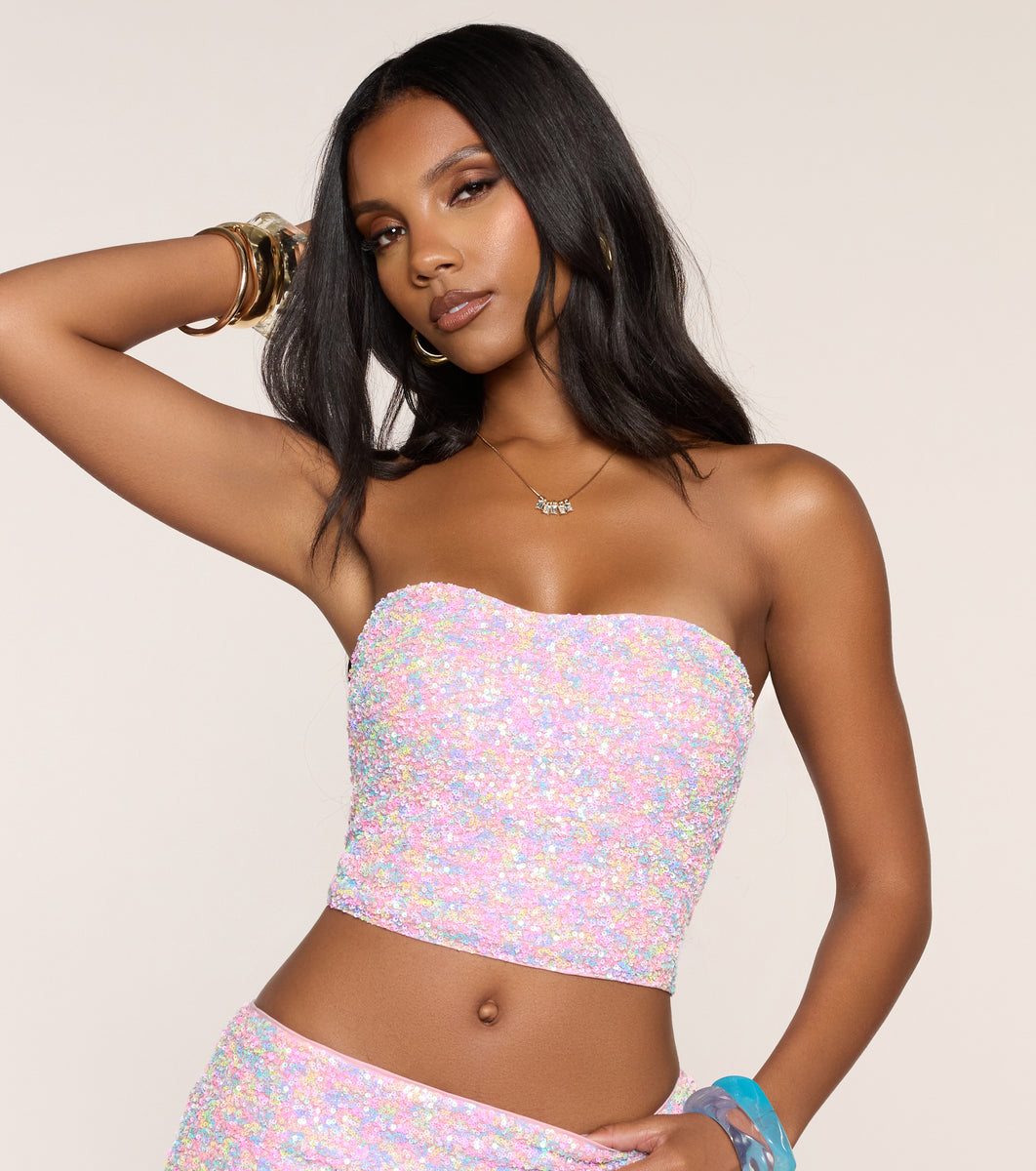 トップス Ribbon tulle candy sleeve tops(eme10902) Pop Off Sequin Tube Top | Windsor