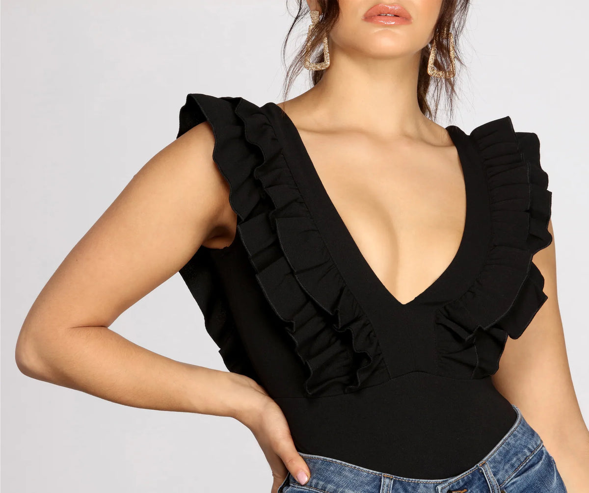 L/S DEEP V RUFFLE BODYSUIT main image 0
