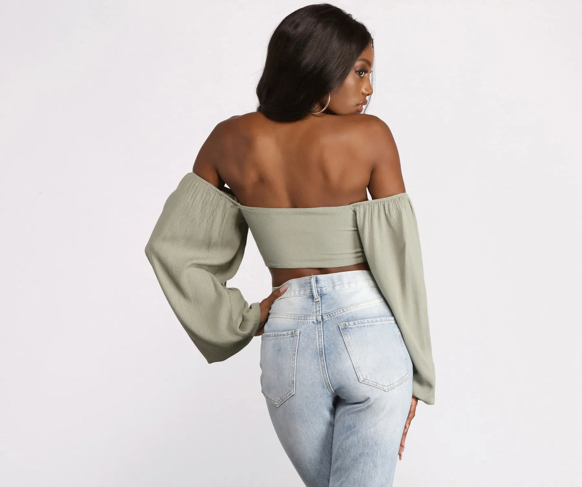 Long Sleeve Gauze Tie Front Crop Top | Windsor
