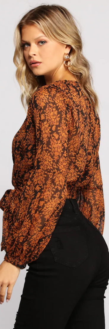 Fall Floral Wrap Front Crop Top