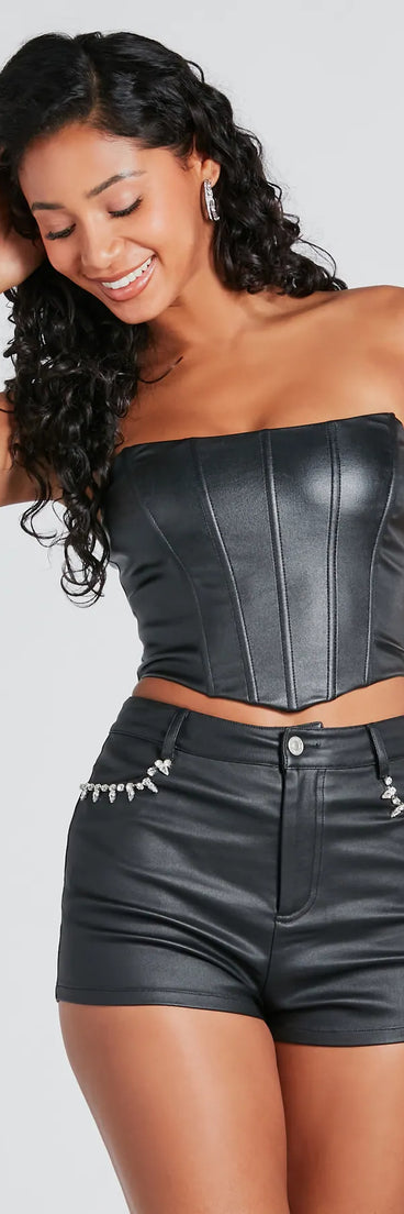 The Popular Demand Faux Leather Corset Top in black with a modern design and trendy look is part of the latest women's tops collection to elevate your 2025 wardrobe.