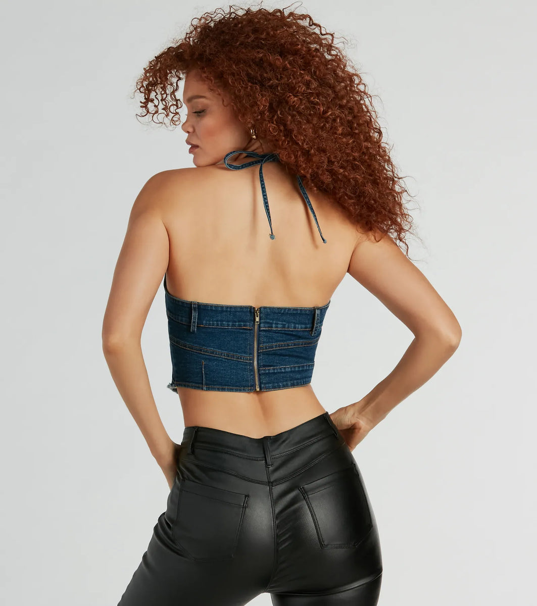 Givin' Looks Halter Patchwork Denim Crop Top | Windsor