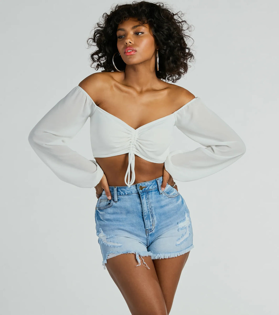 Sheer Fun Off-The-Shoulder Crop Chiffon Blouse | Windsor
