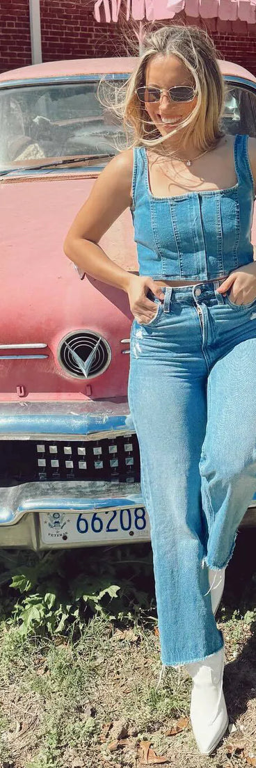 Upgrade your style game for 2025 with the Got The Blues Sleeveless Denim Corset Top in denim, perfect for any fashion-forward wardrobe.