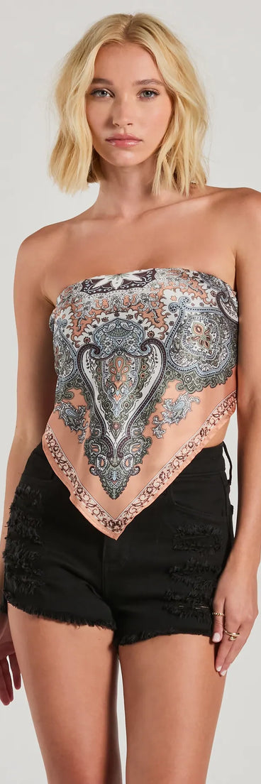 The Trendy Adventure Strapless Paisley Satin Crop Top in copper with a modern design and trendy look is part of the latest women's tops collection to elevate your 2025 wardrobe.