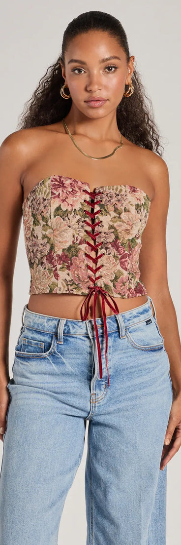 The Blooming Beauty Tapestry Lace-Up Cropped Corset Top in taupe with a modern design and trendy look is part of the latest women's tops collection to elevate your 2025 wardrobe.